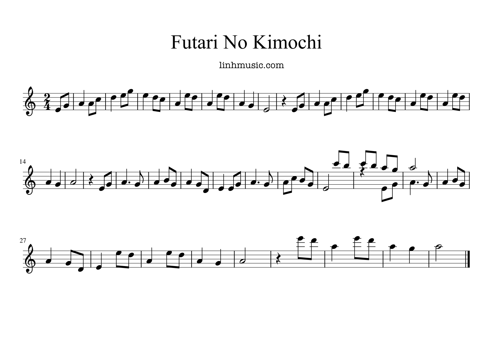 Futari No Kimochi – Kalimba sheet music